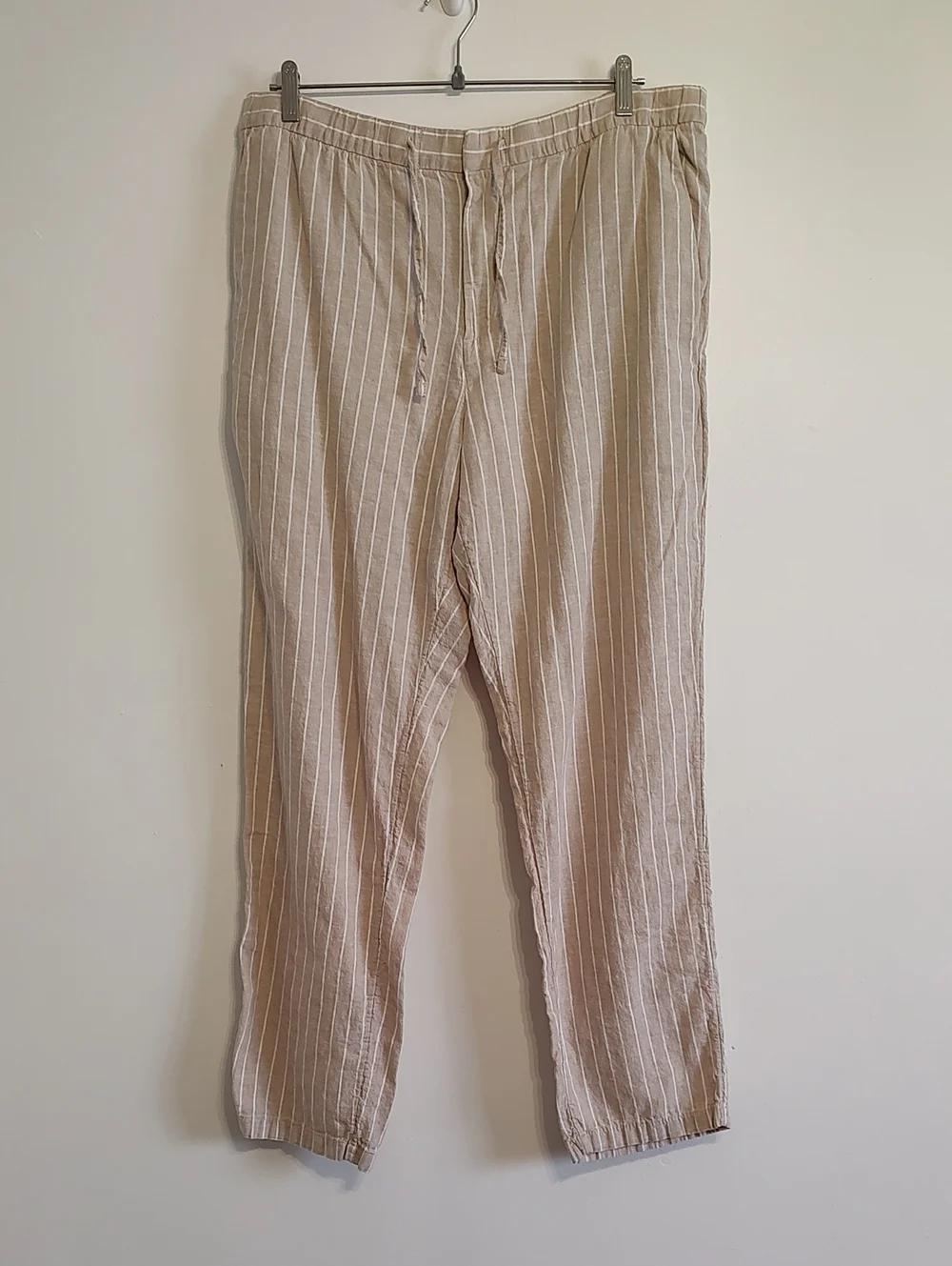 H&M Beige Pinstripe Drawstring Linen-Blend Pants